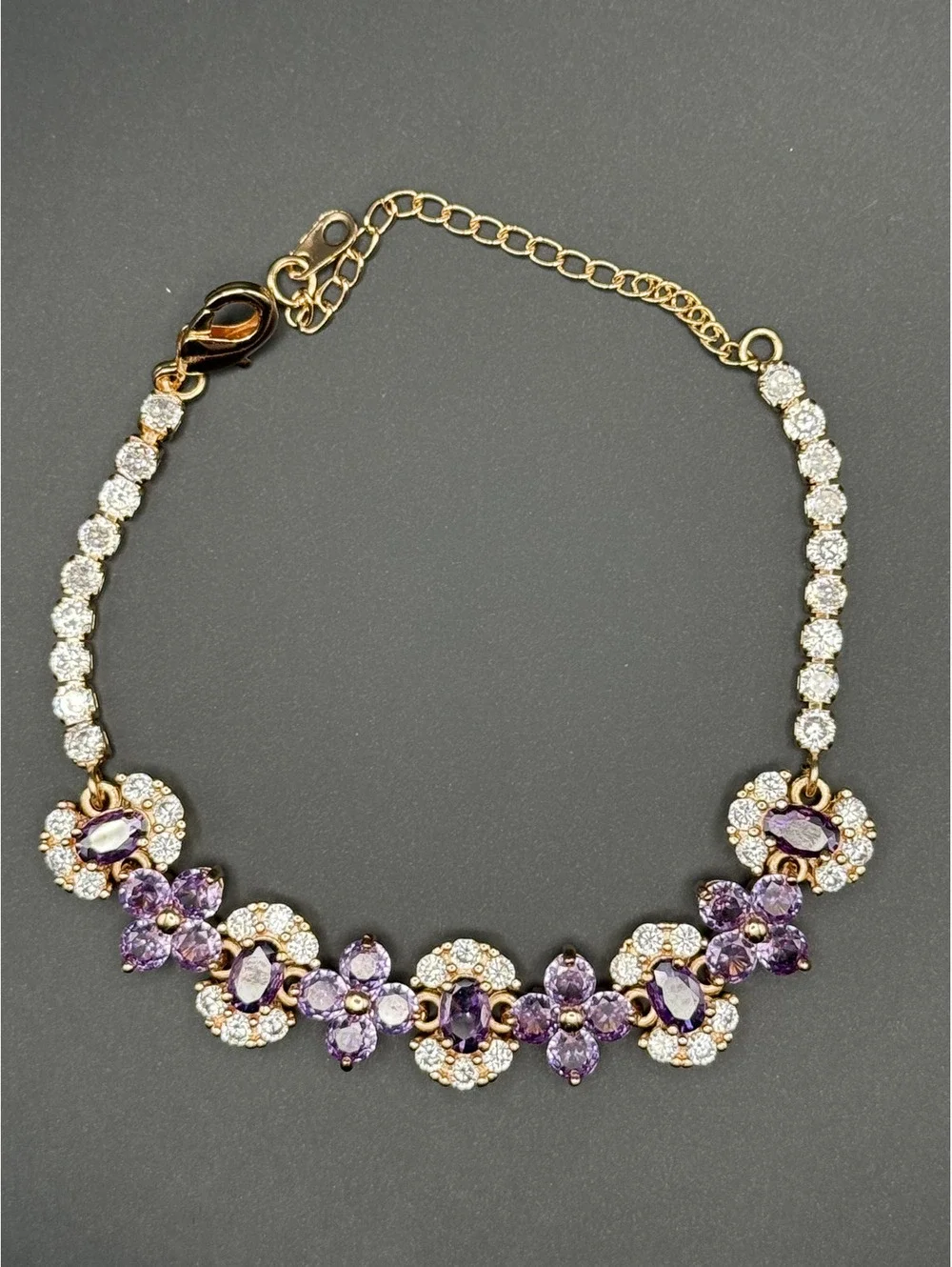 candy+clover Purple Crystal Floral & Crystal Gold Tone Tennis Bracelet